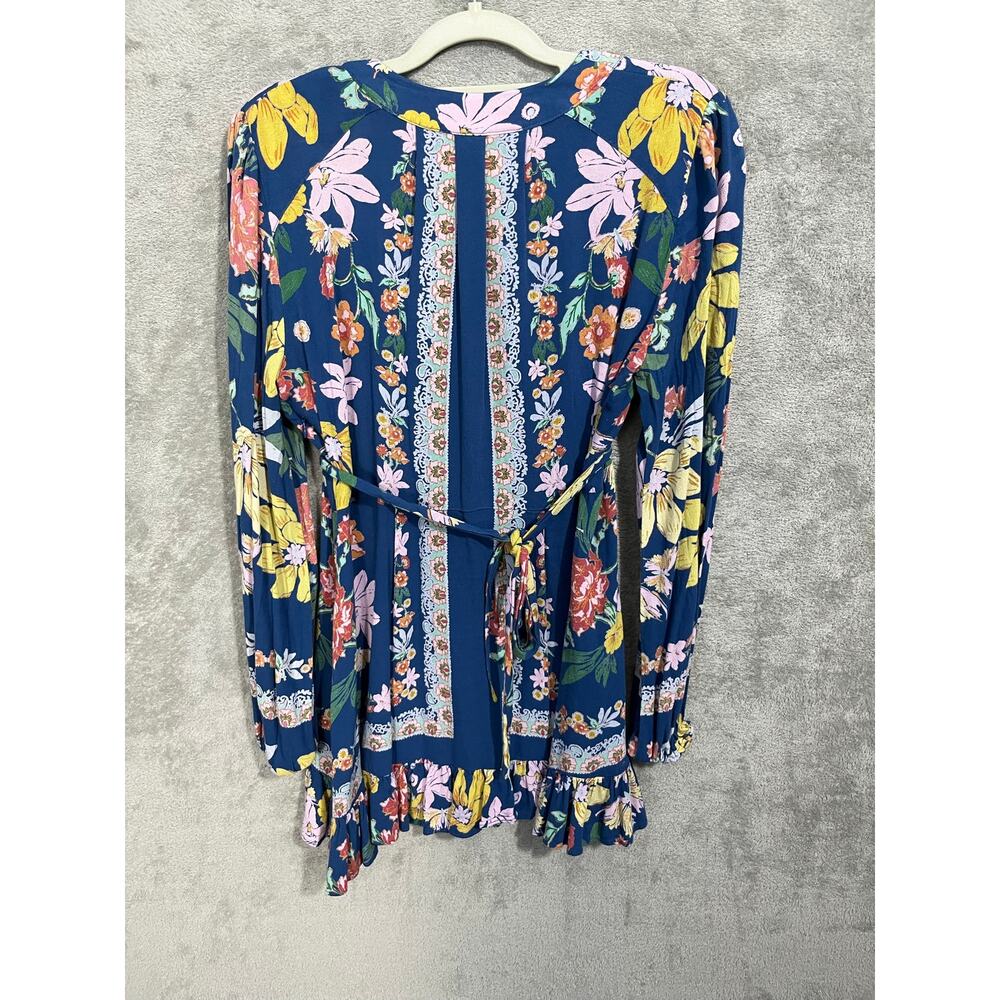 Free People Tunic Blouse Small Blue Floral Tie Back Boho Hippie Festival - Picture 8 of 10